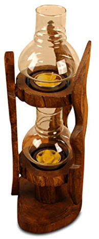Kinaree Teak Laterne Windlicht - Teak Windlicht - Windlicht 2 Lichter - stehende oder hängende Laterne in 2 Farben (2 Lichter stehend Braun)