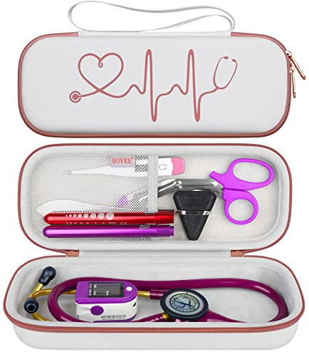 BOVKE Étui pour stéthoscope 3M Littmann Classic III, Lightweight II S.E, Cardiology IV, MDF Acoustica Lightweight - Poche supplémentaire Contenir des Accessoires Infirmiers pour le Travail, Blanc Rosé