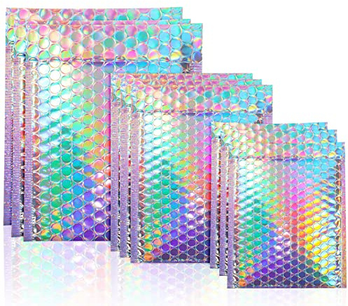 100 Pack Metallic Bubble Mailers 3 Sizes Holographic Padded Bubble Rainbow Poly Bubble Mailers Foil Bubble Padded Envelopes Adhesive Seal Closure Envelopes Shipping Bags for Mailing Packing