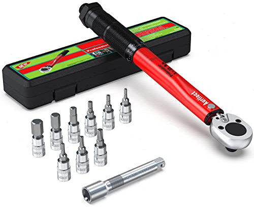 Aurlloct Drehmomentschlüssel 5-25 Nm 1/4 Zoll, Fahrrad & Motorrad, 11-tlg. inkl. Verlängerung mit 10 cm, Hex und Torx Bit Steckschlüsseleinsätze Rot