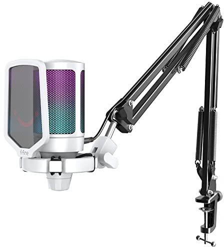 FIFINE Gaming Mic Kit Bundle, PC USB Computer Condenser Microphone Set with Quick Mute, Arm Stand, for PS4/PS5/MAC-A6T White