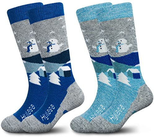 Hylaea Merino Wool Ski Socks Kids, Knee-high Warm Thermal Snowboard Skating Socks for Toddler Boys and Girls Grey Blue X-Small
