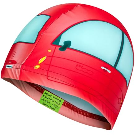 IMSPIRA Gorro Piscina Tela Coche Rojo Unisex Adulto Niño Gorra Natacion PBT Coches Accesorios Piscina Original Secado Rapido Aquagym Hombre Mujer Nadar Comodo Divertido Waterpolo Niños Aprender