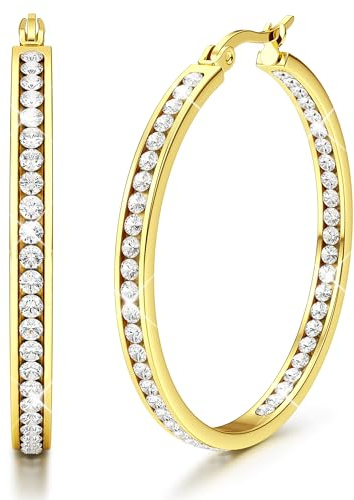 Adramata Örhängen, kreoler, rostfritt stål, kvinnor, allergivänliga, kreoler, med AAA zirkonia-örhängen, hängande 40 mm/50 mm/60 mm, örhängen för kvinnor, kreoler, silver/guld/roséguld, 50 mm