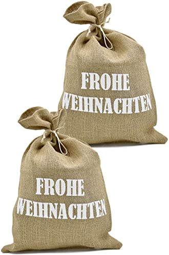 2x Jute Weihnachtssack 35x50cm - Große Geschenketasche für Weihnachten - Geschenkesack Jutesack Nikolaussack Geschenktasche - mit Schriftzug Frohe Weihnachten