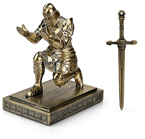 HDMbigmi King's Guard Knight Stifthalter, Stiftehalter, Schreibtisch-Organizer und Zubehör, Harz, Stifthalter als Geschenk mit einem Metallschwert, Brieföffner für Büro und Zuhause (Bronze)