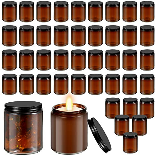 Lallisa 48 Pcs 8 oz Amber Glass Jars with Black Lids Round Glass Cosmetic Jars with Lids Empty Amber Candle Jars Refillable Food Storage Containers Canning Jar for Spice Powder Liquid Sample Makeup
