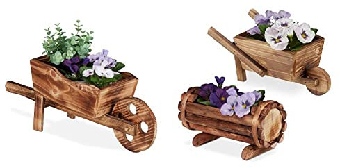 Relaxdays Carriola Porta Fiori, Legno Effetto Bruciato, Decorazione da Giardino Vintage, Vaso Giardinaggio, Naturale & Vasi in Legno, Set 2 Contenitori Carriola & Mezza Botte Portafiori, Rustico
