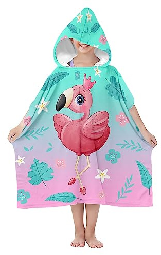Snabbtorkande mikrofiber badponcho för flickor 70 cm bekväm strandhandduk mjuk simning badrock poncho strand färgglada mönster [163], FLAMINGO, 98-150