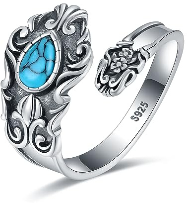 Senpotly 925 Sterling Silver Teardrop Turquoise Spoon Ring for Women Adjustable Victorian Vintage Flower Spoon Thumb Rings Spoon Jewelry Gift