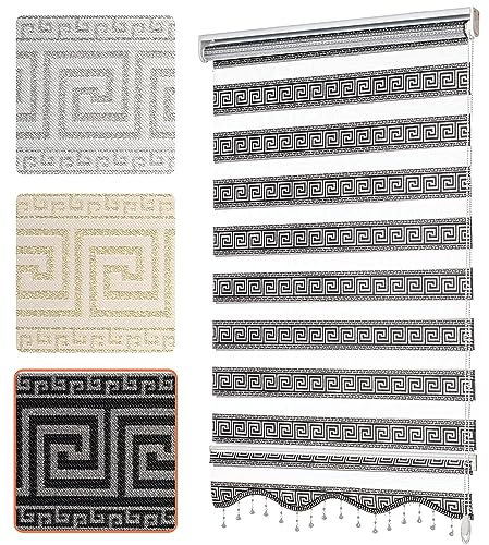 Doppelrollo mit Muster Mäander Deko Griechische Welle Ornament Motiv Klemm Duo Rollos für Fenster Innen ohne Bohren Schwarz Silber 50x200 cm