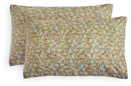 Wake In Cloud - Floral Pillow Cases, Cute Vintage Flower Shabby Chic Coquette Cottagecore Aesthetic, Set of 2 Soft Pillowcases Pillow Shams Covers, Olive Green, King Size 20x36 Inches