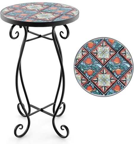 RELAX4LIFE Mesa auxiliar con mosaicos, mesa de jardín redonda, mesa de mosaico de 30 x 50 cm, mesa de bistró de metal y cerámica, taburete pequeño, para balcón, terraza, jardín (multicolor)