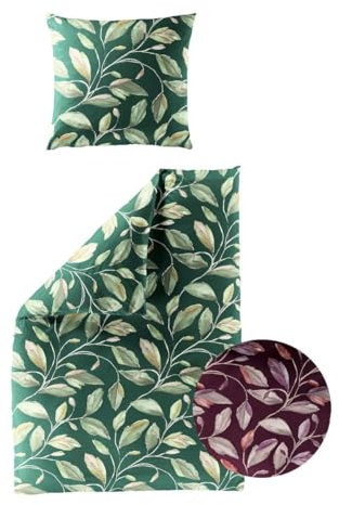 Bierbaum Biber Bettwäsche 2 TLG. 135x200cm Blätter Blatt Bordeaux Grün weich Baumwolle, Farbe:Grün