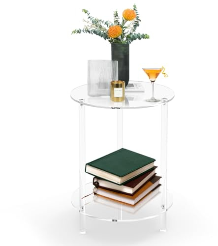 CHONOVO Runder Beistelltisch aus transparentem Acryl für kleine Räume, Couch-/Beistelltisch, 2-stöckige Acryl-Nachttische, Möbel für Wohnzimmer, Schlafzimmer, Badezimmer, Garten, Büro