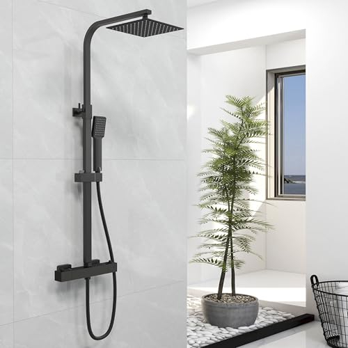 Biubiubath Thermostatic Shower Mixer Set, Anti-Scald Exposed Mixer Shower Valve,Height Adjustable Riser Rail Kit, Square Handheld & 8 inches (200mm) Overhead Rainfall Shower,Matt Black