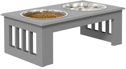 PawHut Erhöhter Hundenapf Hundebar für Mittlere Hunde 2x900ml Grau | 2 Näpfe, Futternapf, Wassernapf, Edelstahlnäpfe, Fressnapf, Futterstation, Hundenäpfe, für Katzen