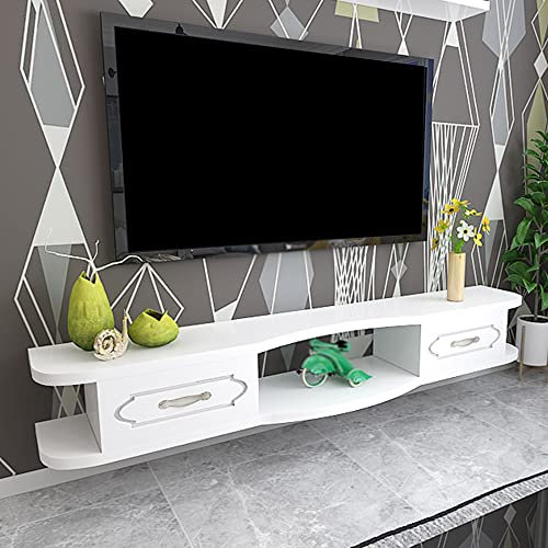 KAZUP Schwebender TV-Ständerschrank, Wandmontierter TV-Schrank mit Drahtlochdesign und 2 Schubladen, für Set-Top-Box, Fernbedienung, Projektor, Spielekonsole/Weiß / 120cm