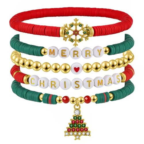 Emibele Festival-Armband-Set für Frauen, Merry Christmas Armband-Set mit Schneeflocken- und Weihnachtsbaum-Anhängern, farbenfrohe elastische Tonperlen-Stretcharmbänder als Weihnachtsgeschenke