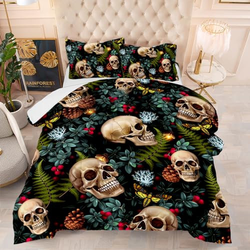 Bettdecke 200X200 Schädel Bettdecken 200Gsm,Dünne Und Leichte Duvet,4 Jahreszeiten Bettdecken,Weiche Mikrofaser Bettdecke Mit 2 Kissenbezüge,Warm Steppbettdecke Für Allergiker