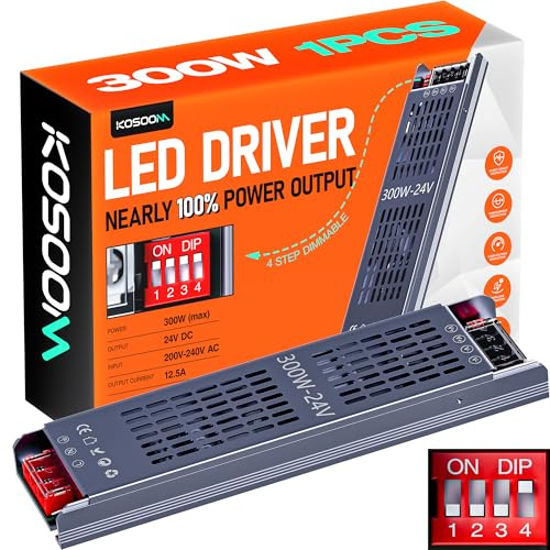 Kosoom LED Trafo 24V 300W 12.5A 1pcs Transformator AC 220V 230V auf 24V DC Netzteil Dimmbar Power Supply für LED Strip Netzteil 24V Konstantspannungs Power Supply für Beleuchtung
