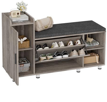 FiveWillowise Schuhschrank mit Sitzbank, Schuhbank mit Sitzfläche, mit Stauraum, 8 verstellbare Metallfüße, 2 Stauraumtüren, Schuhregal für Flu, Schuhkipper mit Klappen, B102/T34/H67 cm, Grau