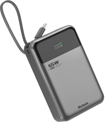 Hichain Power Bank 65W Ricarica Rapida 20000mAh Caricabatterie Portatile Display Digitale Cavi integrati USB C in&out Compatibile con iPhone serie17/16/15/14/13, Vision Pro, Samsung, MacBook, ipad