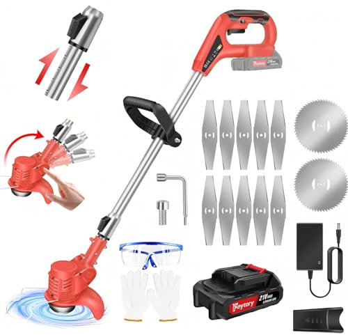 Desbrozadora inalámbrica de 21 V, con tubo telescópico de 84 a 120 cm, batería de 1,5 Ah y cargador – 10 hojas de metal – 2 hojas de sierra circular Easycut – Rojo