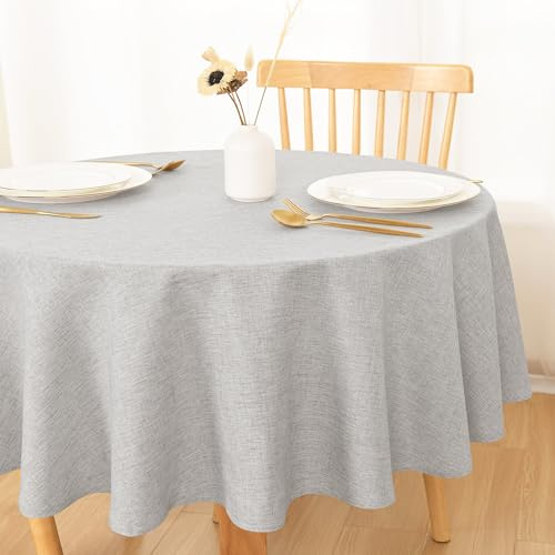 DWCN Hellgrau Tischdecke Rund 140cm, Abwaschbar Tischdecke Leinenoptik | Tischdecke Outdoor Tischwäsche Wetterfest für Esszimmer, Garten, Party, Hochzeiten, Haushalt Wohnzimmer, Balkon