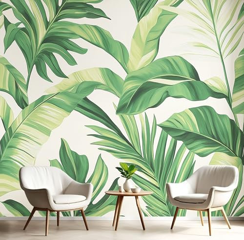 3D Papier Peint Panoramique Feuilles Bananier Intissé, 350× 256cm Feuilles Tropicales Dessinées Grandes Murales Poster pour Salon, Adulte Chambre d'enfants, Étude Décoration