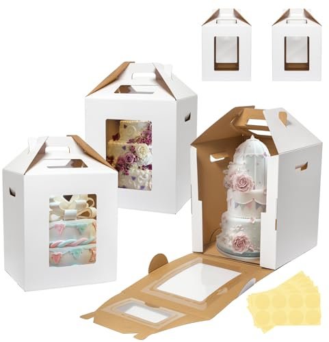 Wowxyz 5 Pack Tall Cake Boxes for Tier Cakes 16x16x18 Inch Disposable Layer Tall Baking Carrier with Window Large Tierd Bakery Take Out Transport Containers with Handle for Wedding, Birthday, Party