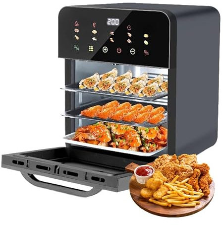 Varmluftsfritös 10L Dubbelzon - XXL Airfryer med fransk dörr | Varmluftsugn med dubbelkammare, 10 program, 1350W, avtagbar avdelare för tillagningskammare
