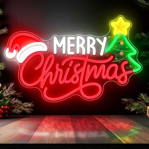SELICOR Merry Christmas Neon Sign, LED Sign with Xmas Tree and Santa Hat, USB Powered Dimmable Switch for Wall Decor, 11 x 17.6 Art Deco Plastic Sign