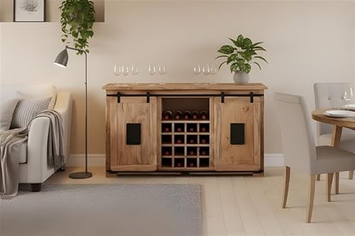 SAM Wein-Sideboard Libro 145x45x85 cm, Akazie Natur, Weinschrank | mit 2 Holzschiebetüren, 3 Schubladen, 3 offenen Fächern & 16 Flaschenfächern, Akazienholz naturfarben & massiv