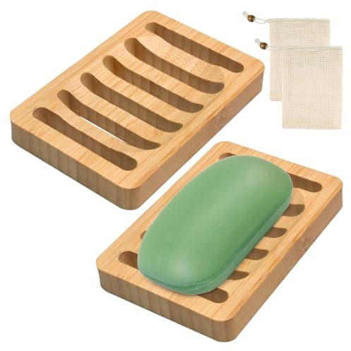 2 Pcs Jabonera de Bambu, Madera de Bambú Natural Jaboneras con 2 Bolsa Rejilla para Jabón, Jabonera de Baño con Drenaje, Antideslizante jaboneras con desagüe, Bambu Soap Rack Holder para Baño Cocina