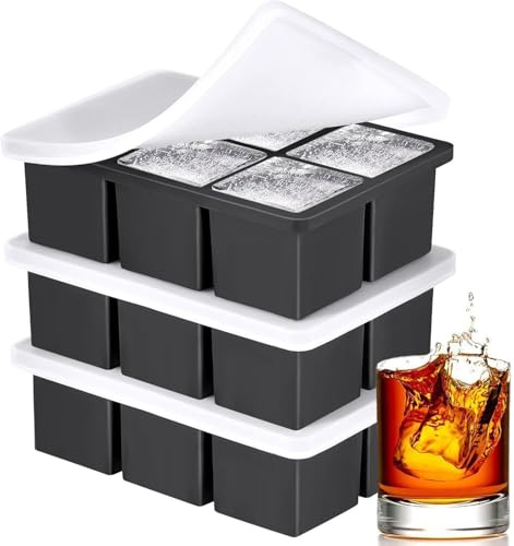 Large Ice Cube Tray Set with Lid, Food Grade Silicone 6 Square Moulds, 3-Pack, Stackable Design for Cocktails and Whiskey