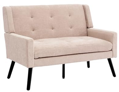 Koaris Kleines Zweisitzer Sofa im Mittelalter-Retro-Stil mit Button Tufting, hoher Rückenlehne und Massivholzbeinen, Leinenstoff in Gelb für Wohnzimmer und Büro (Beige, 2)