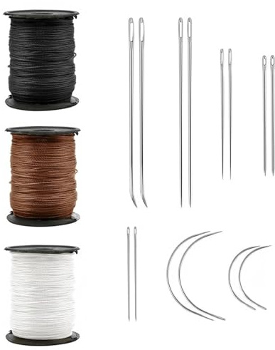 Upholstery Kit,Leather Repair Kit,Heavy Duty Nylon Thread and Needle,17 Pcs | Thread Kit with 3 Rolls Strong Sewing Thread Curved Needle for DIY Leather Hand Stitching Canvas Repair