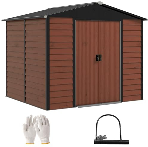 Outsunny Gerätehaus 4,4 m² Gartenhaus Pultdach 240x206x198 cm Teak | Schiebetür, Fundament, Einfach Montage, Geräteschuppen aus Verzinkter Stahl, Wetterfest, für Garten