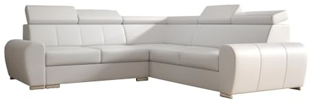 O-Sofa Ecksofa Apollo KN09, Eckcouch in L-Form mit Schlaffunktion, Farbe: Weiß, Kunstleder, Ottomane Rechts