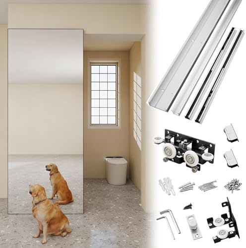 Vibeo Rail Porte Coulissante Kit Porte Coulissante Miroir sans Rail avec Fermeture Amortie, Rail Invisible de 80 à 180 cm, Fixation Murale Invisible pour Porte Flottante(130cm/51.2in)
