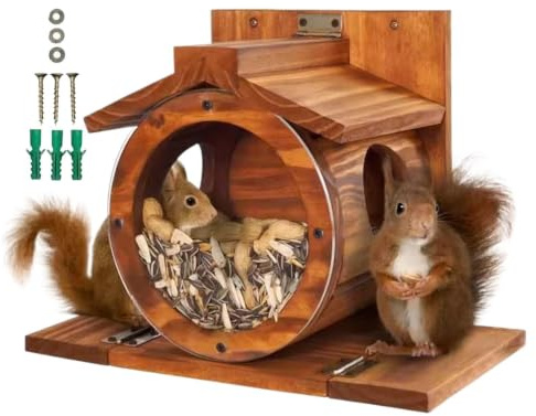 Distributeur de Nourriture pour Écureuils en Bois Maison de Nourrissage | Boîtier Résistant aux Intempéries pour Stockage Noix Maïs Foin Jardin Extérieur Clôture Arbre