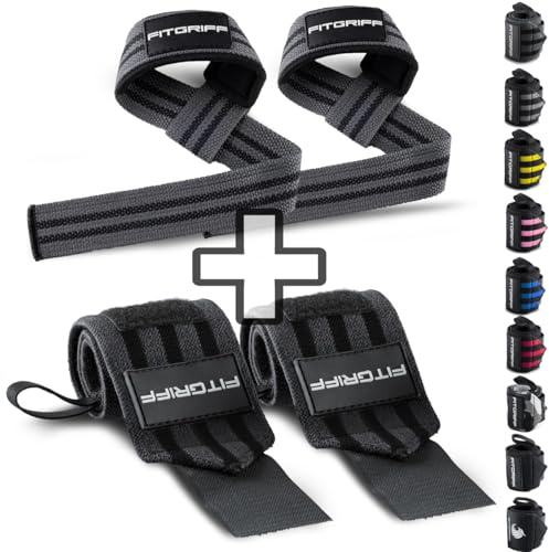 Fitgriff® Handledsband + lyftremmar (bunt) – handledsremmar för tyngdlyftning, gym, crossfit, styrketräning, fitness – för män och kvinnor – grå