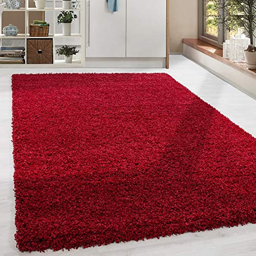 HomebyHome Teppich Wohnzimmer Shaggy Hochflor Rot Rechteckig 140x200 cm Einfarbig Design - Flauschiger Teppich Schlafzimmer Moderne Extra Weich Pflegeleicht - Carpet Living Room