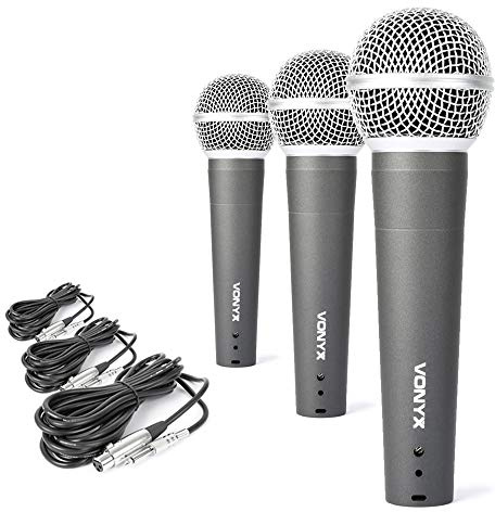 VONYX DM58 Dynamic Vocal Microphone Set of 3 with 5 Metre Cables, Cardioid Wired XLR Mics for Karaoke, Live Singing, Presentations, Band Practice and Speech