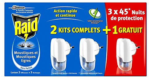 RAID – Lote de 3 difusores eléctricos 45 noches + 3 recambios sin perfume contra mosquitos y mosquitos tigres – Acción rápida y continua