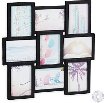 Relaxdays Bilderrahmen Collage, für 9 Bilder, Hoch- oder Querformat, Wand, Kunststoffrahmen, HxB: 54 x 54 cm, schwarz