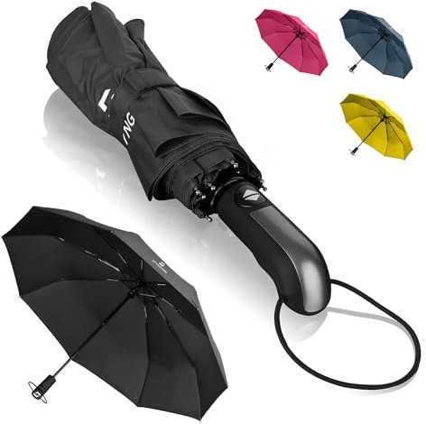 STYNGARD Regenschirm sturmfest bis 140 km/h - Taschenschirm mit Auf-zu-Automatik und zertifizierter Teflon-Beschichtung gegen Feuchtigkeitsschäden - langer Griff - Modell TRONDHEIM (Schwarz)