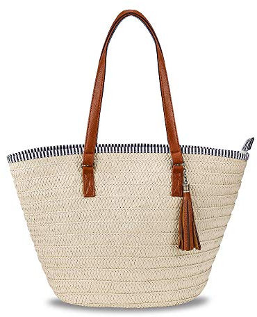 MaoXinTek Stroh Handtasche, Sommer Strand Tasche Damen Schultertasche mit Ledergriffe, Quaste Böhmische Handgewebt Crossbody für Frauen Reisen Urlaub Freizeit Geflochten Basttasche