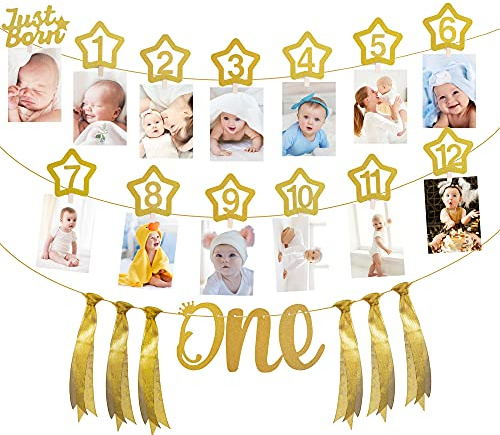 Banner für 1. Geburtstag, Baby-Girlande, 1-12 Monate, Foto, Banner, 300 cm, glänzend, Fotografie, monatlich, Dekoration für Babyparty (Gold)